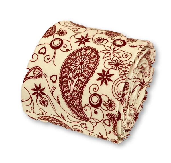 off white cream with dark red maroon paisley design cotton tie
